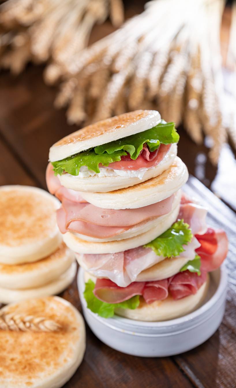 Selbstgebackene Tigelle (Crescentine) auf einem Tisch, eiige davon gefüllt und gestapelt auf einem Teller