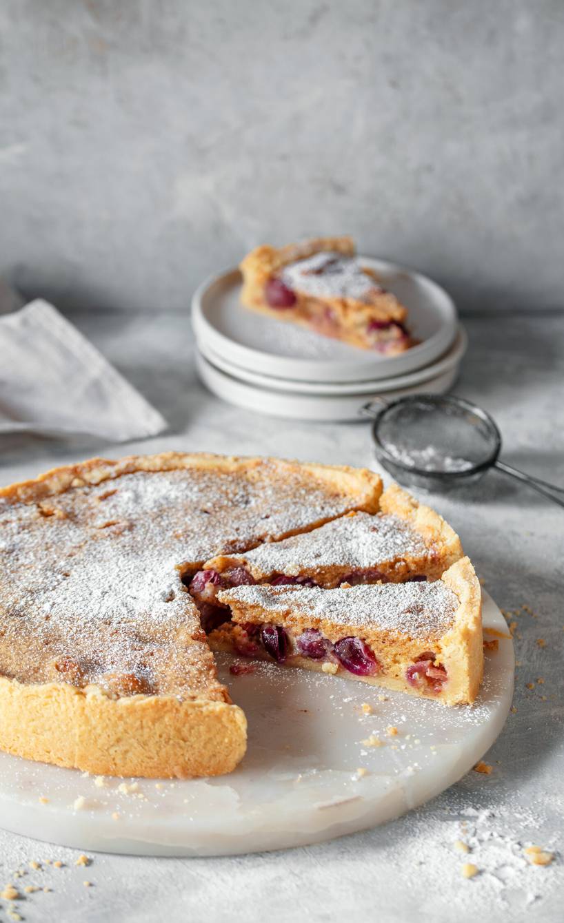 Runder Traubenkuchen mit Mandelguss angeschnitten auf einer Kuchenplatte