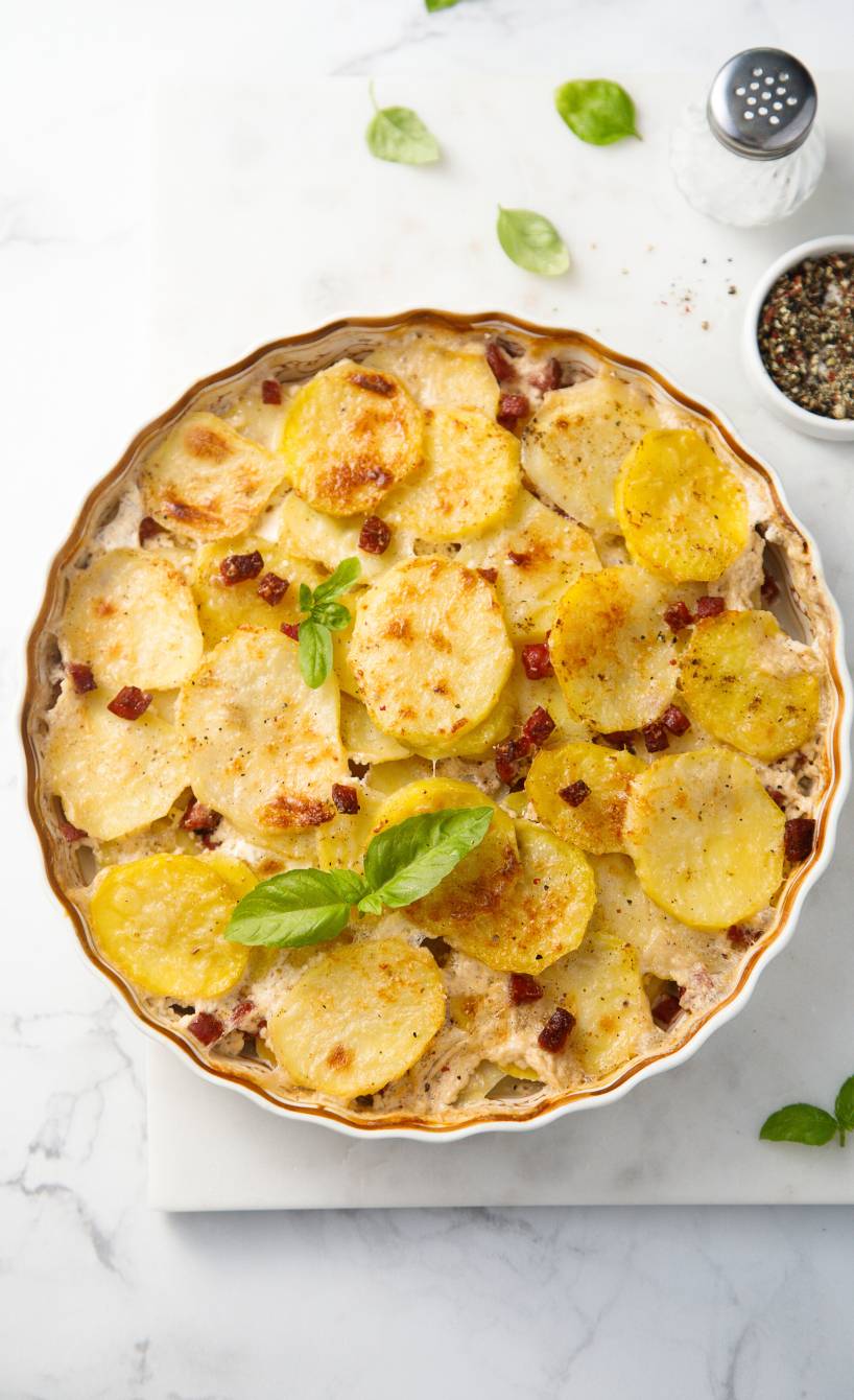 Carbonara-Kartoffelgratin mit Speck in einer runden Auflaufform auf einem Tisch