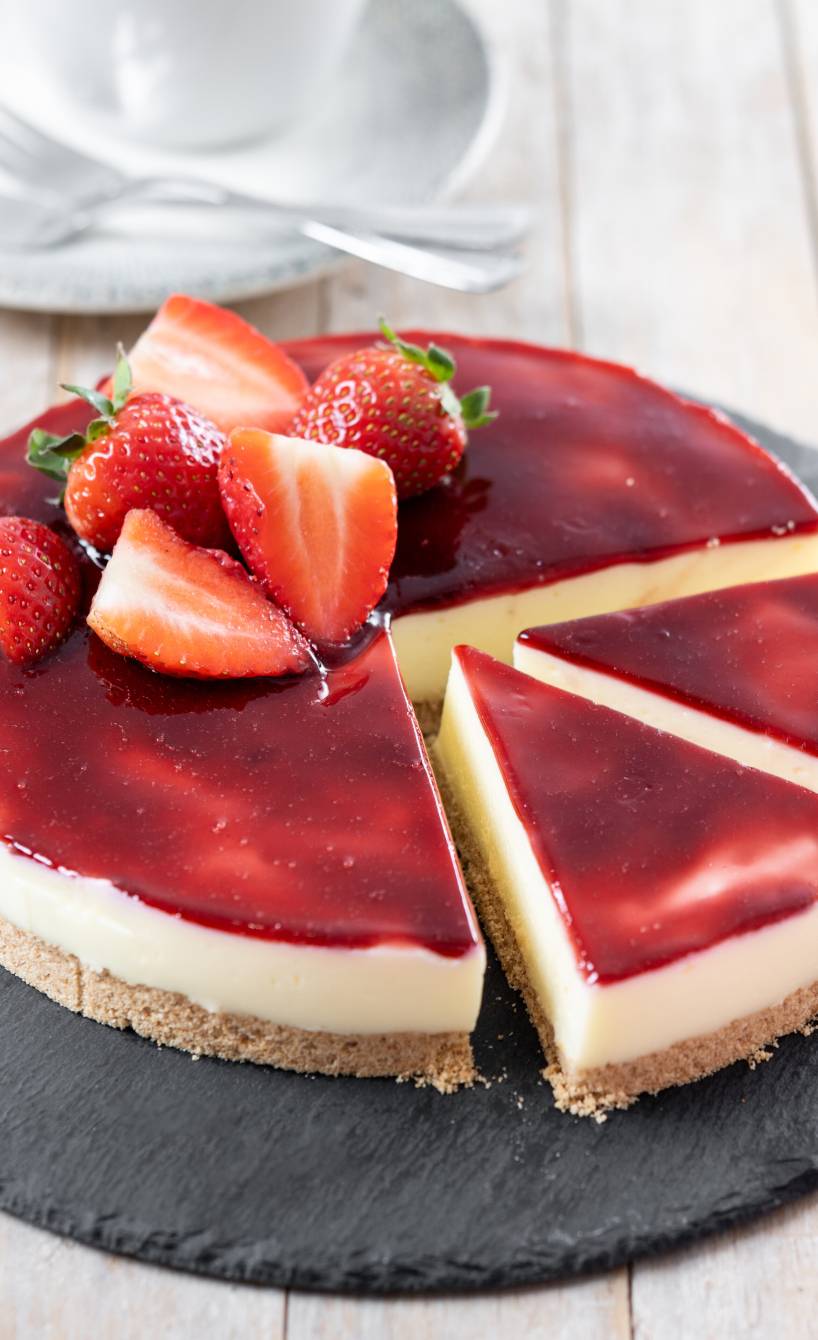 Runder Erdbeer-Panna cotta Cheesecake ohne Backen angeschnitten auf einer Schieferplatte
