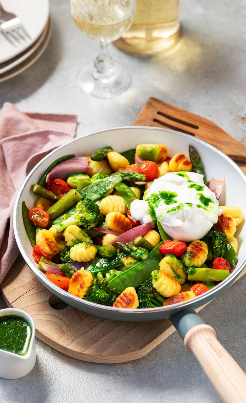 Gebratee Gnocchi, grüner Spargel und Gemüsemix in einer Pfanne getoppt von Burrata und Bärlauchöl