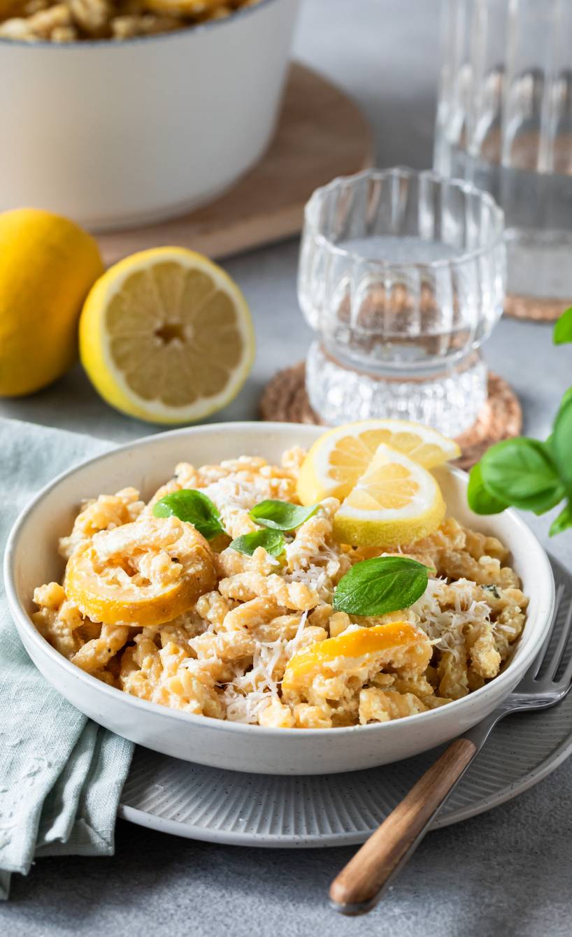 Topf mit One Pot Pasta mit frischer Zitronen-Ricotta-Soße sowie ein angerichteter Teller auf einem Tisch