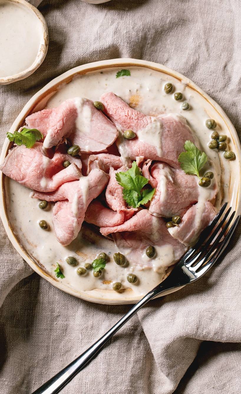 Selbstgemachtes Vitello tonnato angerichtet auf einem Vorspeisenteller