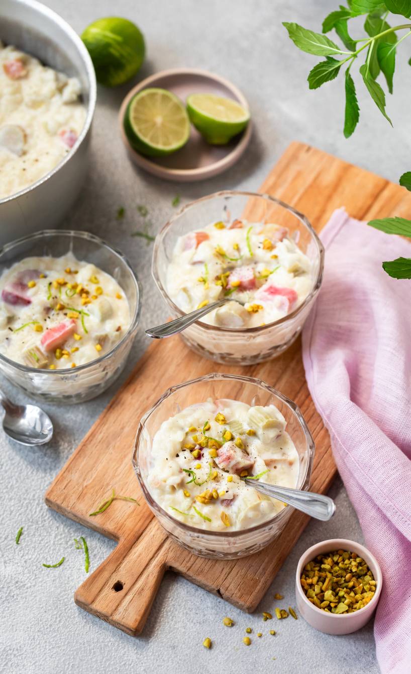 Süßes Rhabarber-Risotto in drei Dessertgläsern getoppt von Pistazienkernen