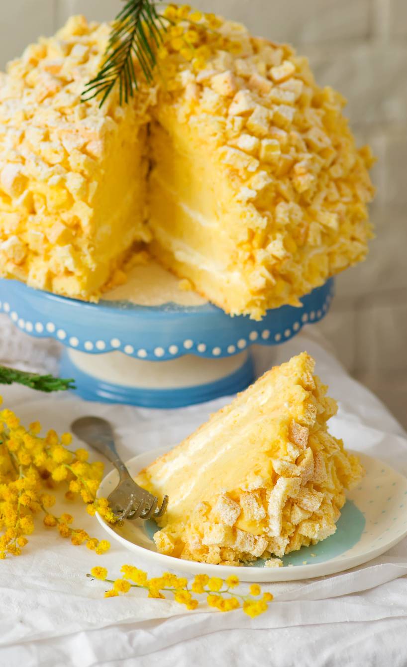 Selbst gebackene, kuppelförmige Torta Mimosa angeschnitten auf einer Tortenplatte, ein Stück davor auf einem Kuchenteller