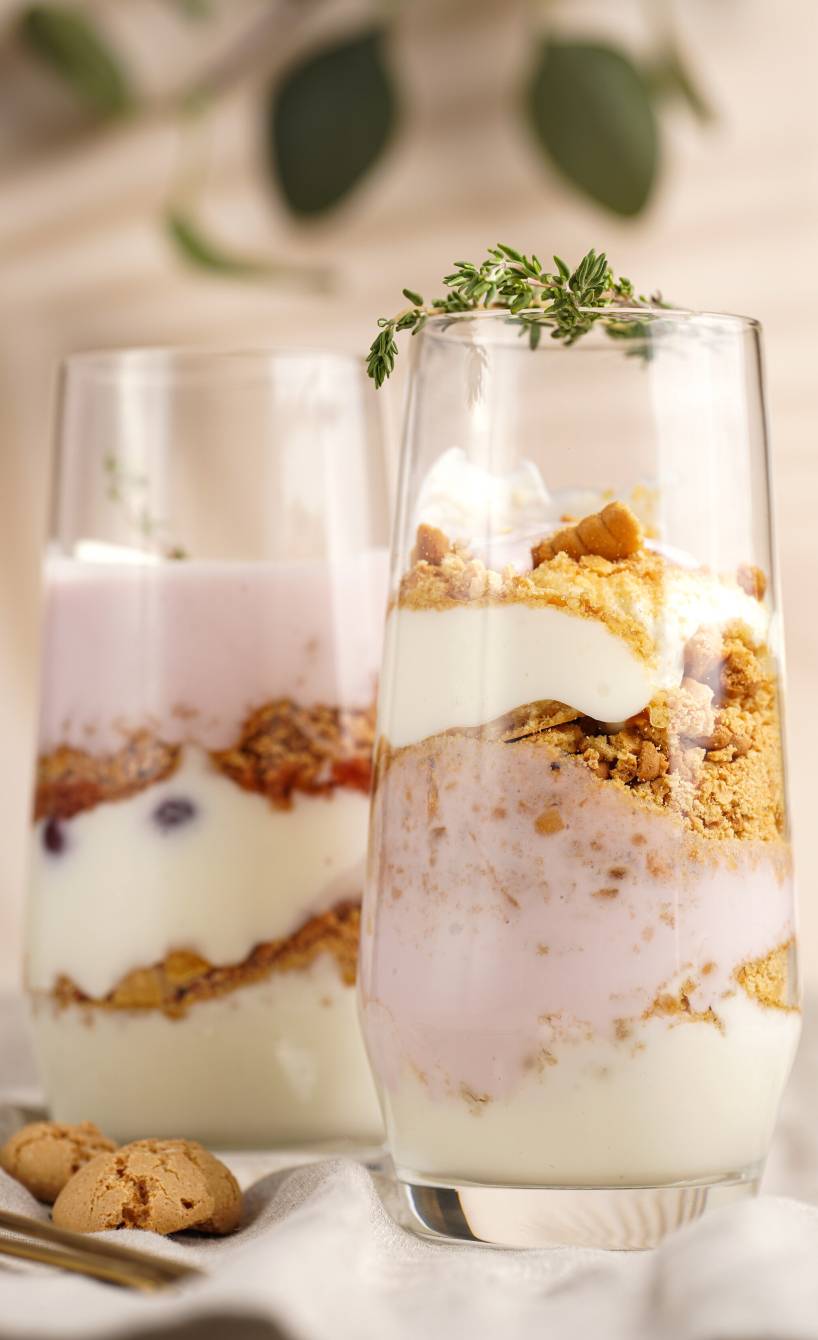 Zwei Gläser mit Amarettini-Dessert mit Beeren und Joghurt auf einem Tisch