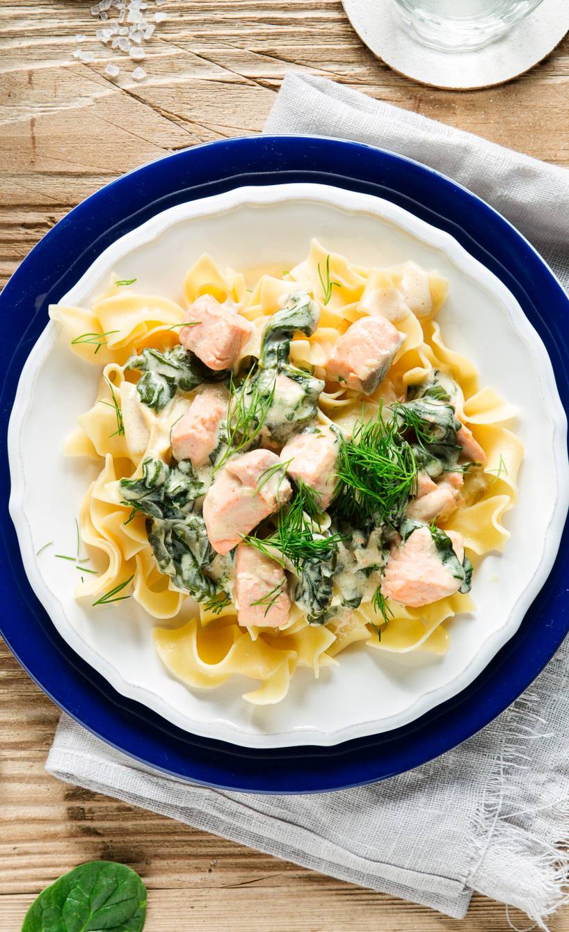 Bandnudeln mit cremigem Spinat und Lachsfiletstücken angerichtet auf einem Pastateller