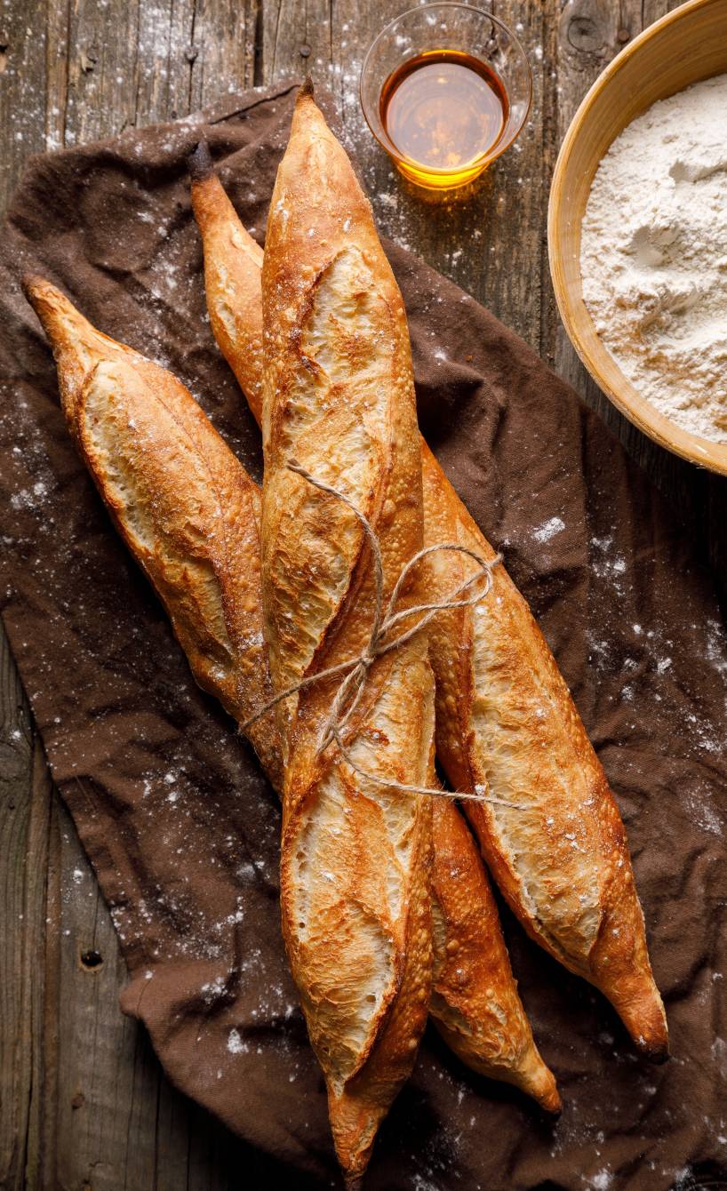 Drei selbstgebackene Original Filone italienische Baguettes auf einem Holztisch, daneben Olivenöl und Mehl