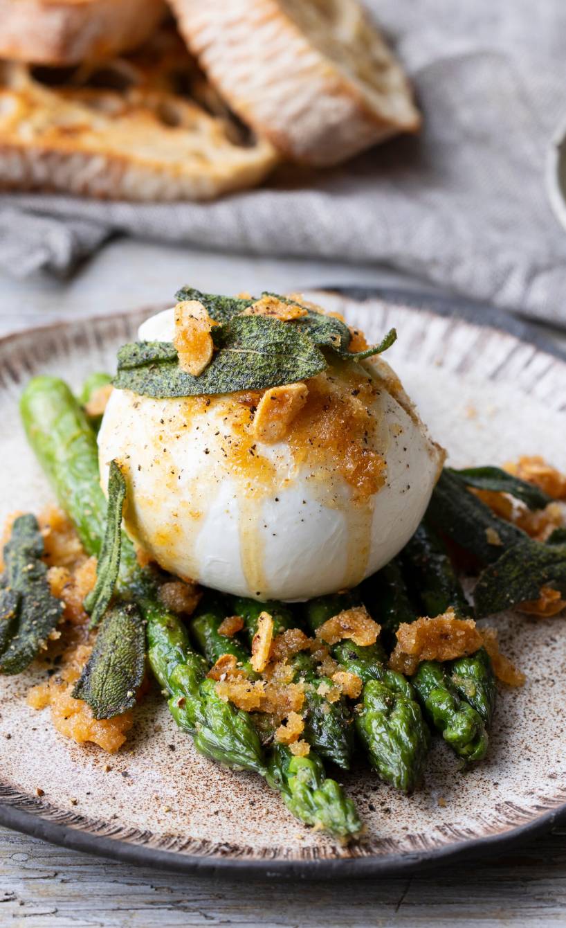 Eine Kugel Burrata auf gebratenem grünem Spargel getoppt von Knoblauchbröseln und Salbeibutter angerichtet auf einem Vorspeisenteller