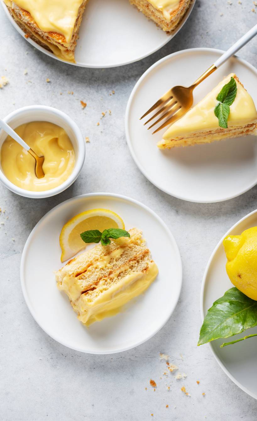 Zwei Stücke Limoncello-Zitronen-Schichttorte auf Kuchentellern