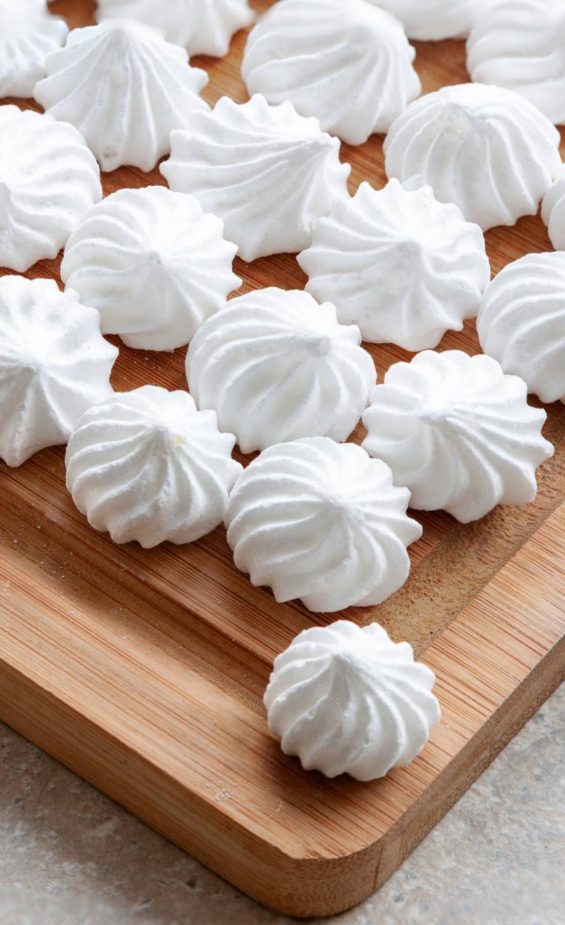 Selbstgebackene Mini-Baisers in Tupfenform Meringhe auf einem Holzbrett