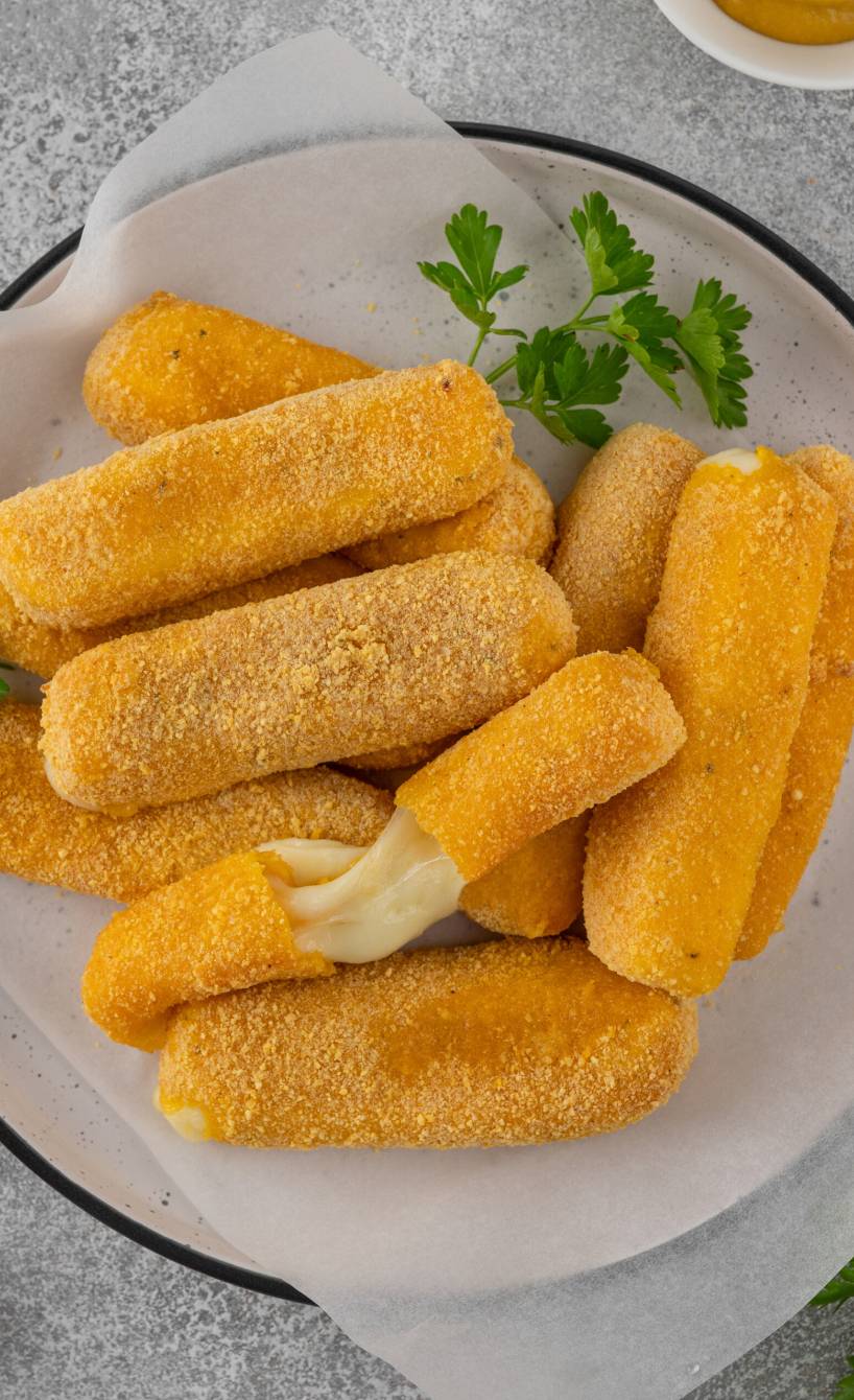 Mehrere im Ofen gebackene Mozzarella-Sticks auf einer Servierplatte, daneben verschiedene Dips