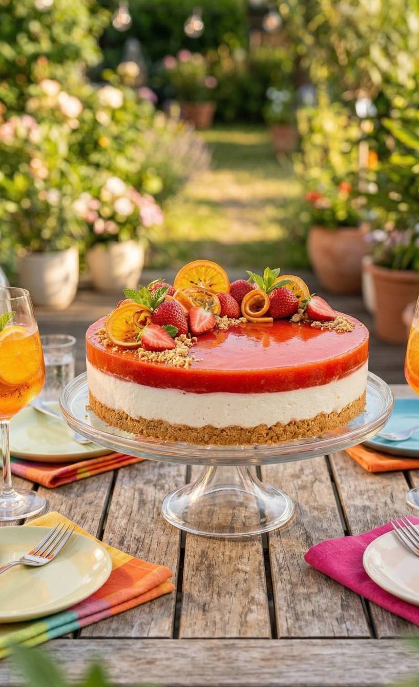 No-Bake Aperol-Spritz-Erdbeertorte mit Keksboden, Joghurt und Frischkäse auf einer Tortenplatte auf einem Gartentisch, der festlich dekoriert ist
