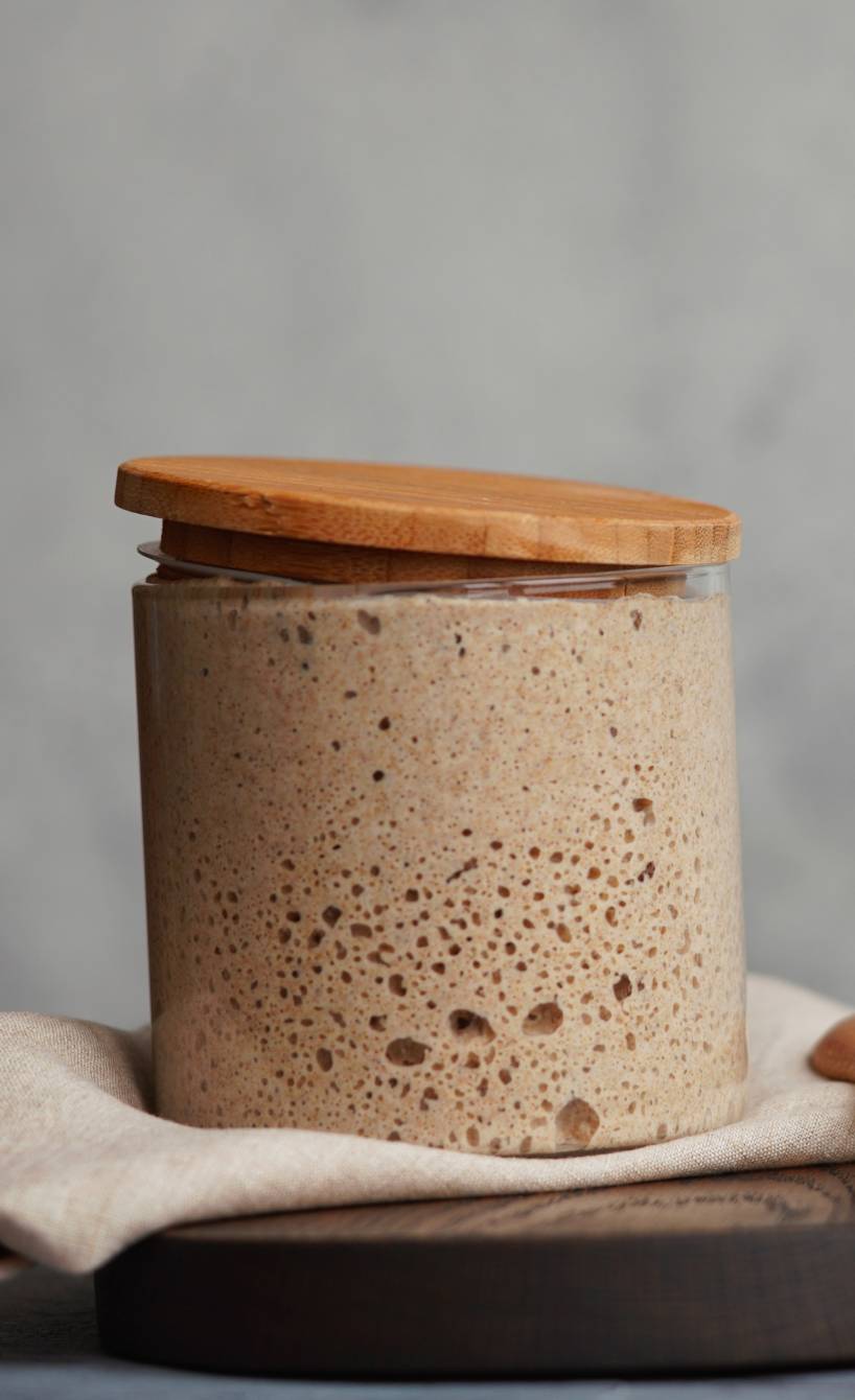 Sauerteig in einem Glas mit Holzdeckel, daneben ein Holzlöffel Sauerteig in einem Glas mit Holzdeckel, daneben ein Holzlöffel