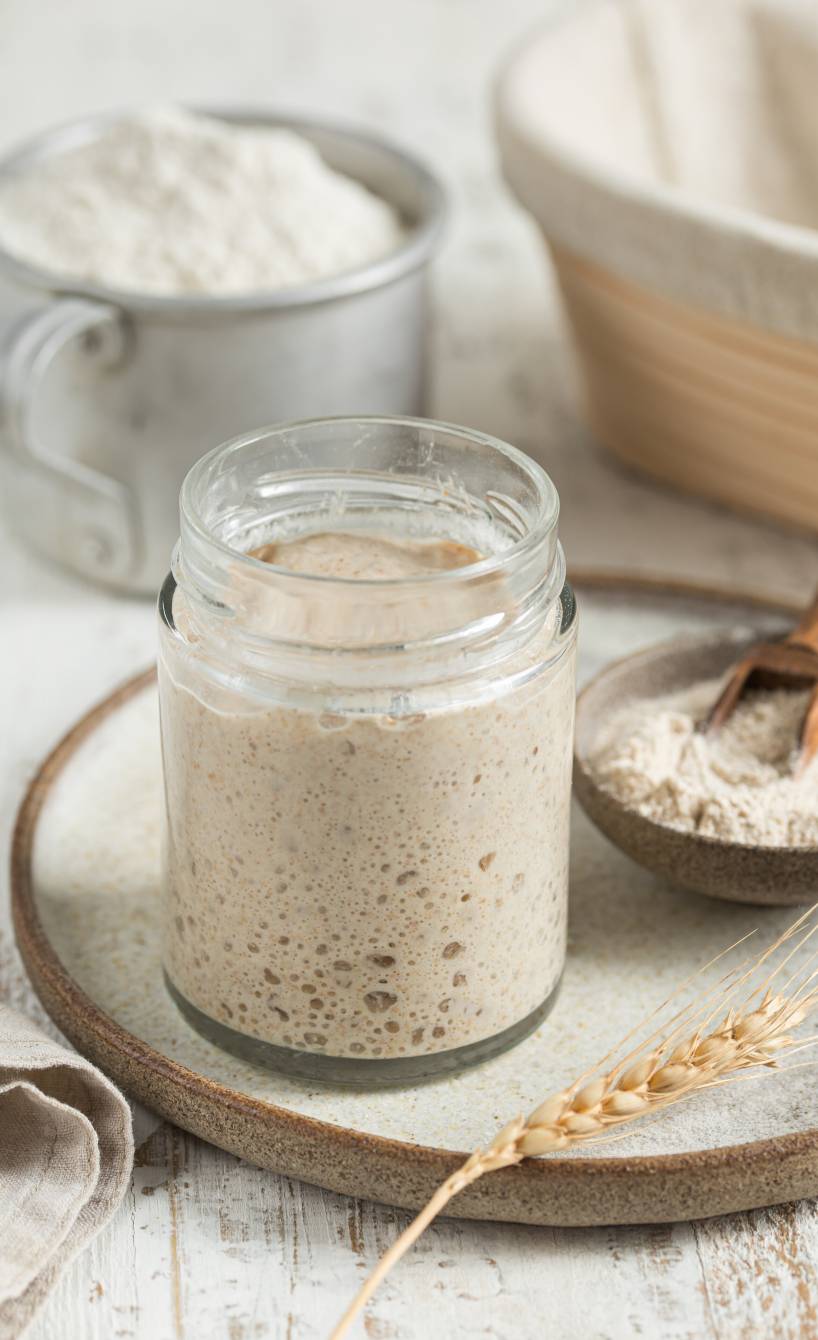 Selbst angesetztes Anstellgut Sauerteig-Starter in einem Weckglas auf einem Tisch Selbst angesetztes Anstellgut Sauerteig-Starter in einem Weckglas auf einem Tisch