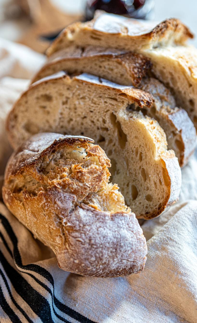 Selbstgebackenes Sauerteigbrot angeschnitten auf einem Frühstückstisch Selbstgebackenes Sauerteigbrot angeschnitten auf einem Frühstückstisch