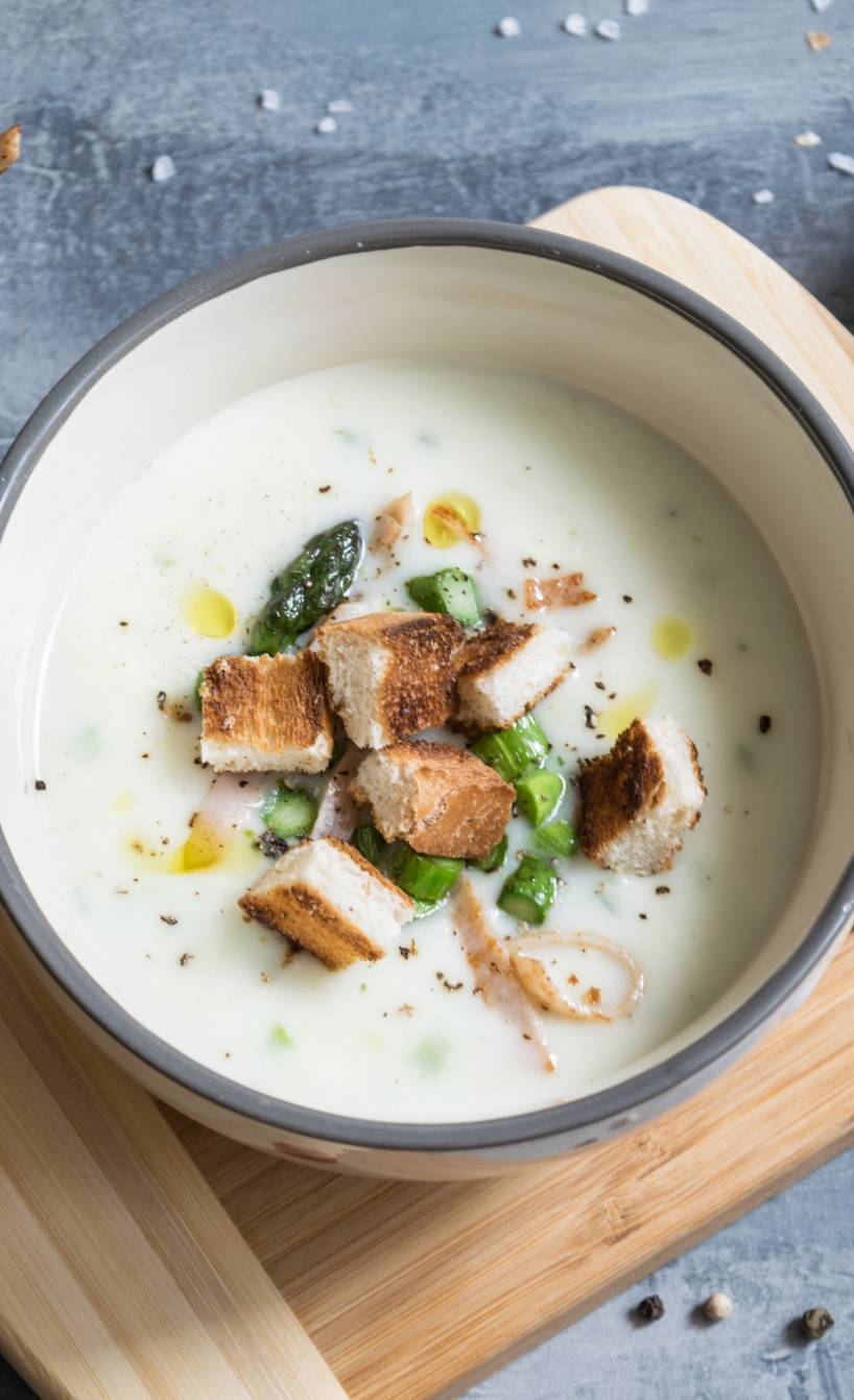 Selbstgekochte Spargelcremesuppe liebevoll angerichtet mit frischen Gewürzen und Einlagen auf einem Tisch
