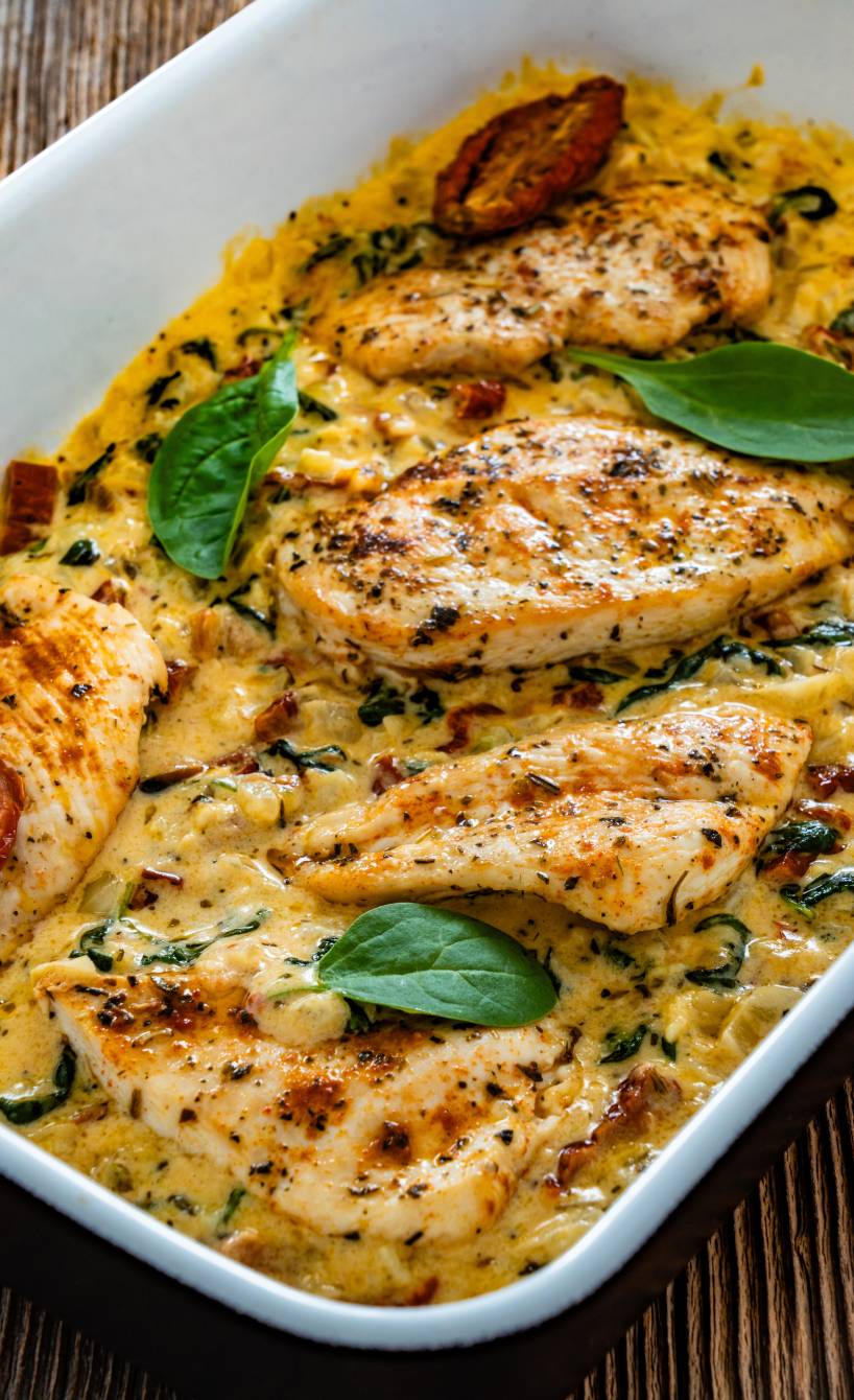 Gebackener Low Carb Toskana Hähnchen-Auflauf mit Spinat und getrockneten Tomaten garniert mit Basilikumblättern in einer Auflaufform