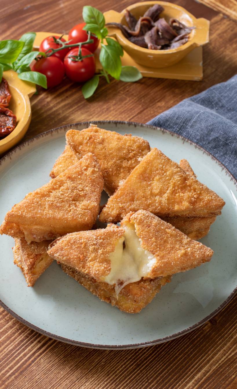 Mehrere Stücke Mozzarella in carrozza angeschnitten auf einem Teller