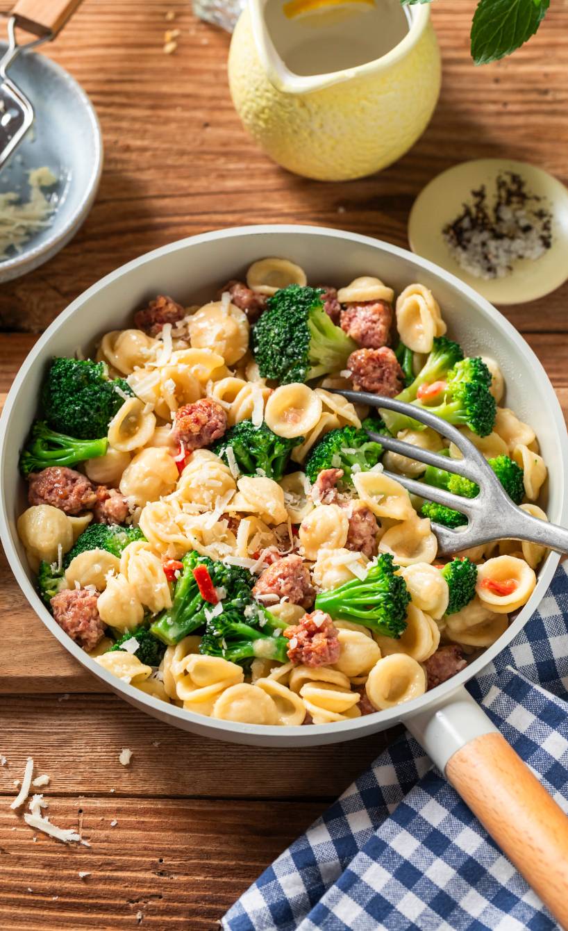 Pfanne mit Orecchiette, Salsiccia und Brokkoli auf einem Holztisch