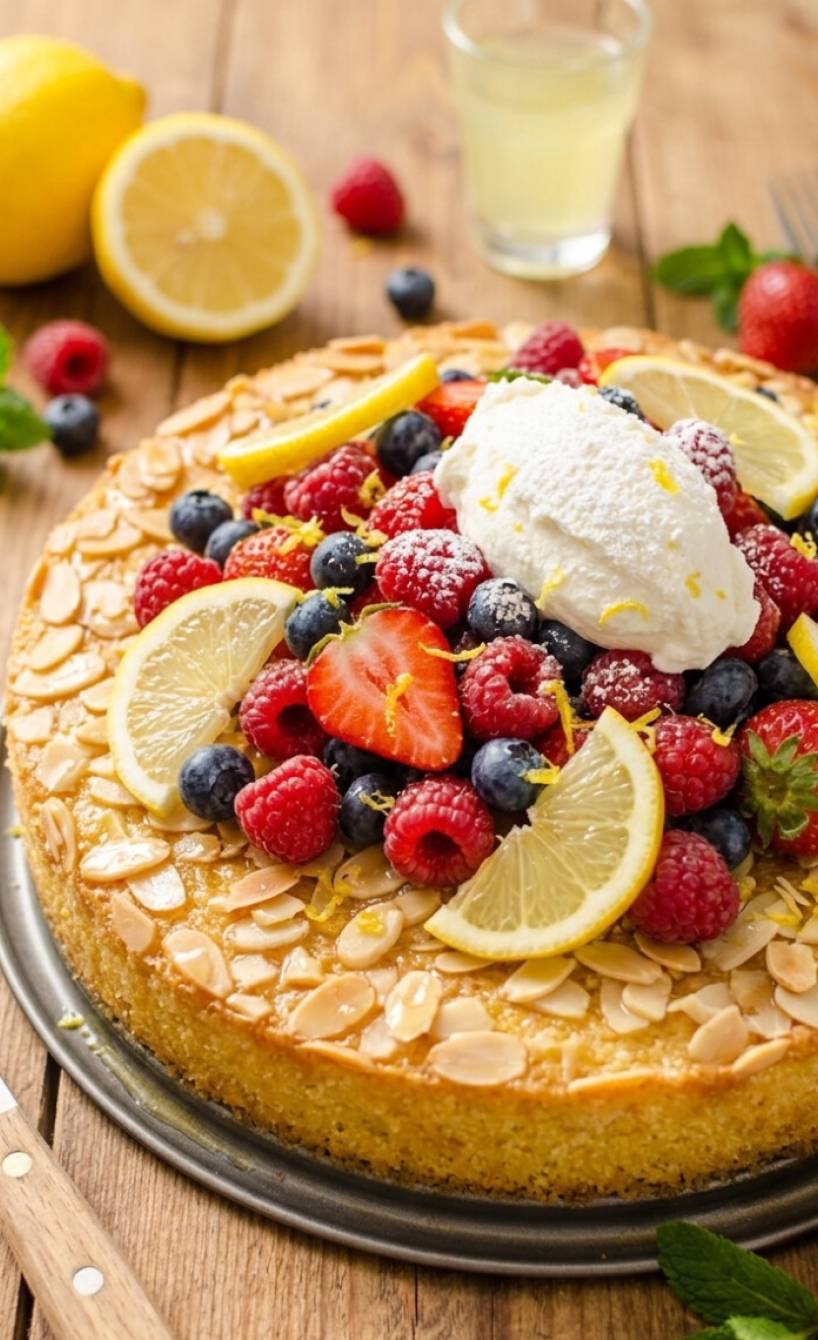 Runder Polenta-Kuchen mit Limoncello-Sirup getoppt von frischen Beeren, Mandelblättchen und Ricotta auf einem Holztisch