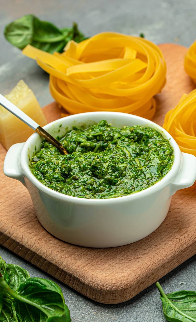 Tagliatelle auf einem Holzbrett, daneben grünes Pesto, Parmesan und andere Zutaten