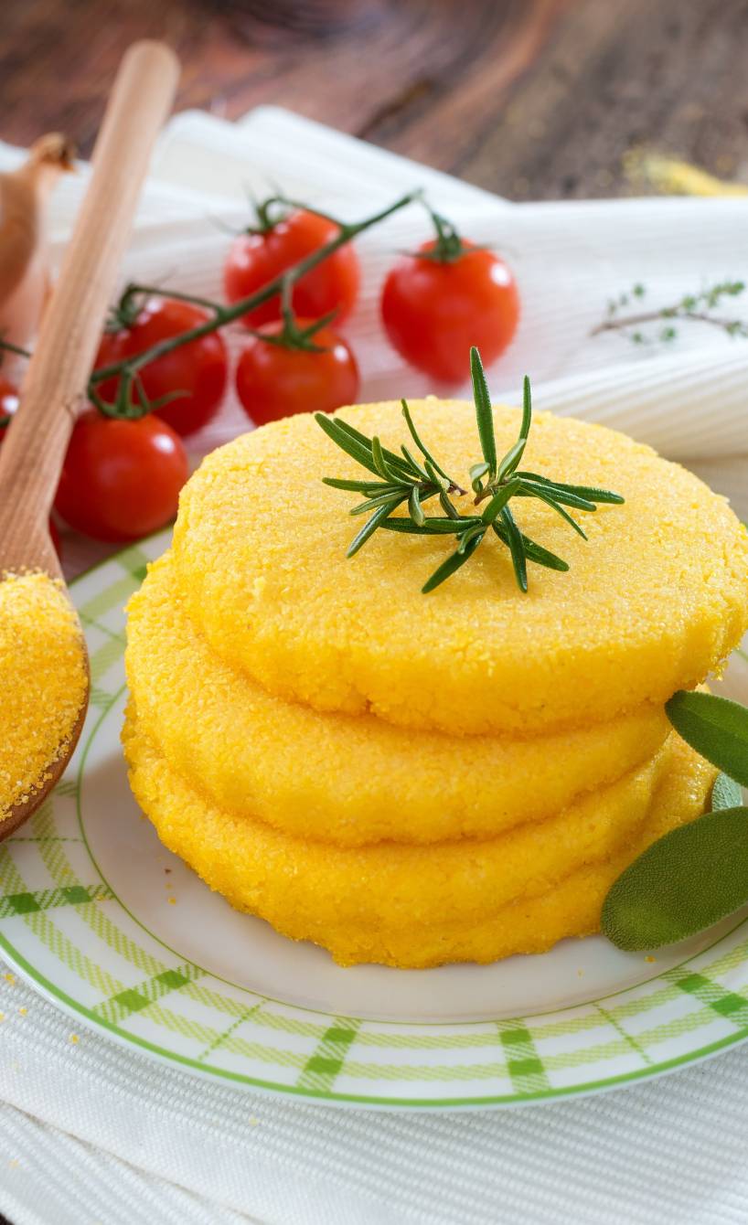 Polenta in Bratlingform gestapelt auf einem Teller, daneben Tomaten, Zwiebeln und ungekochte Polenta