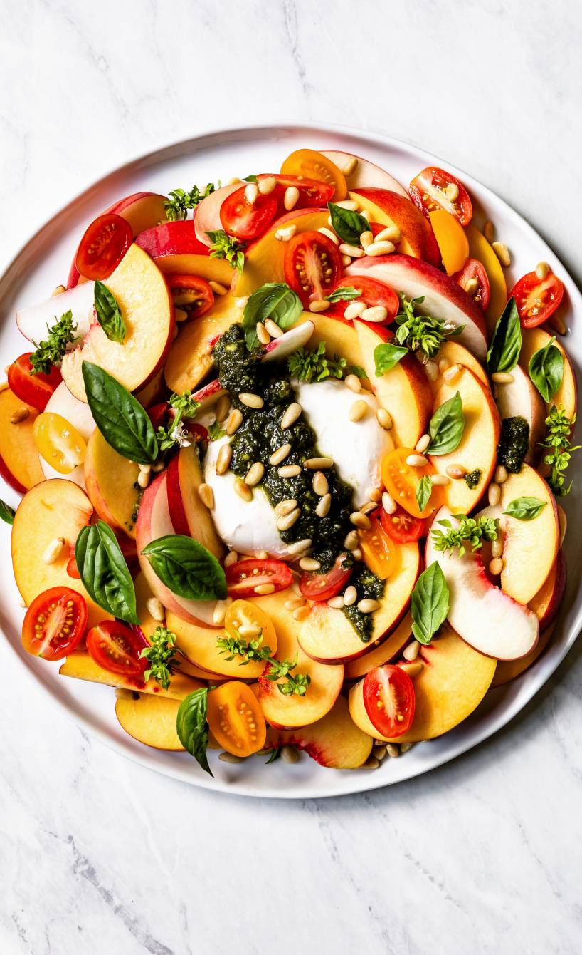 Caprese aus Pfirsich, Nektarine, Tomate und Burrata angerichtet auf einem Vorspeisenteller getoppt von grünem Pesto