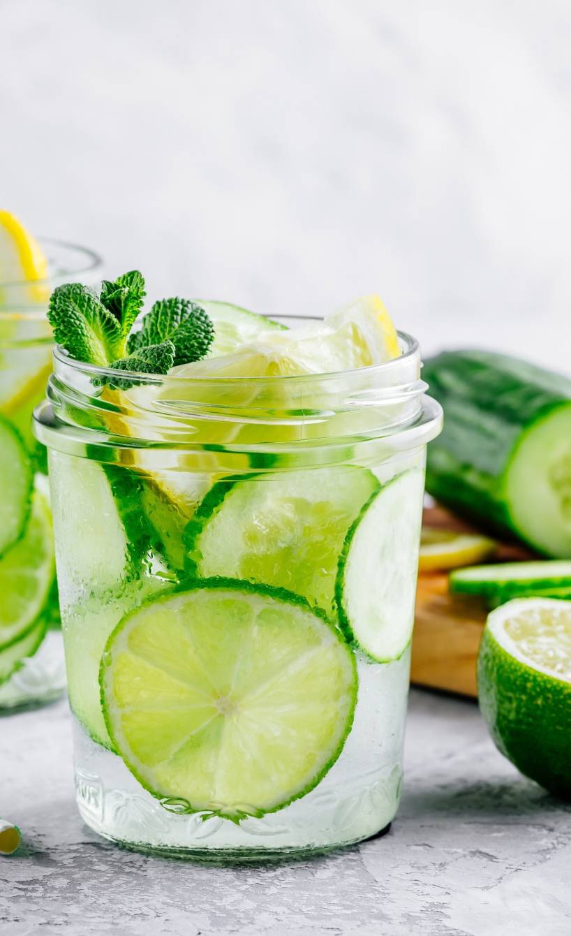 Zwei Gläser gekühltes, mit Zitrone, Gurke und Minze aromatisiertes Wasser auf einem Tisch Zwei Gläser gekühltes, mit Zitrone, Gurke und Minze aromatisiertes Wasser auf einem Tisch