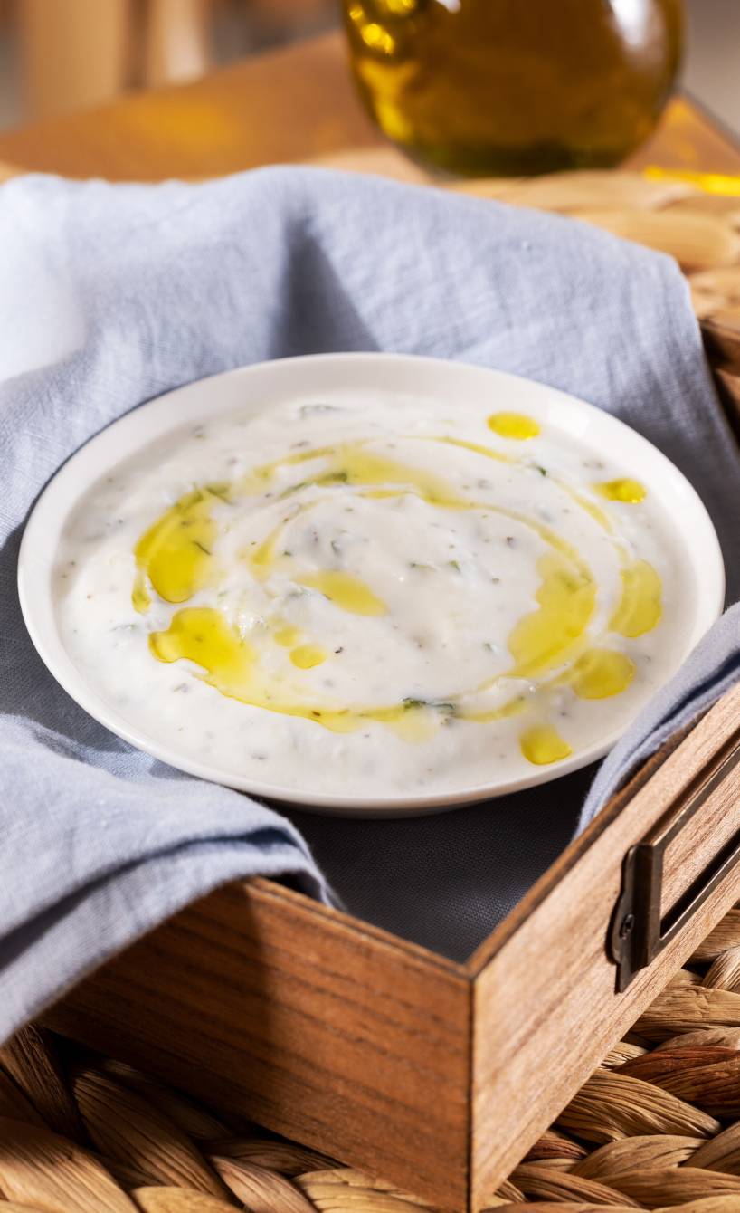 Selbstgemachter Knoblauch-Dip ohne Mayonnaise in einer kleiner Schale, daneben eine Karaffe mit Öl auf einem Tisch