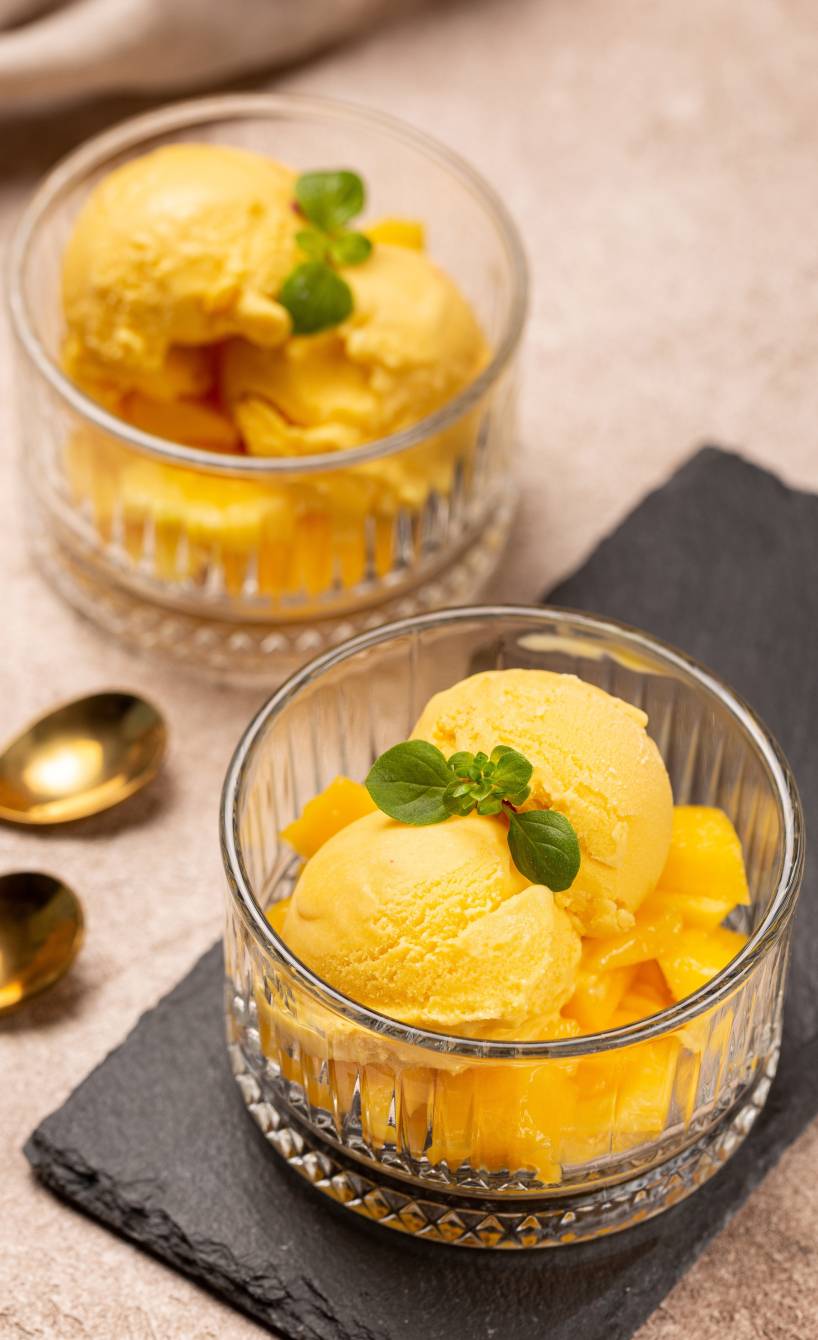 Selbstgemachtes Mango-Joghurt-Eis in zwei Gläsern garniert mit frischer Minze
