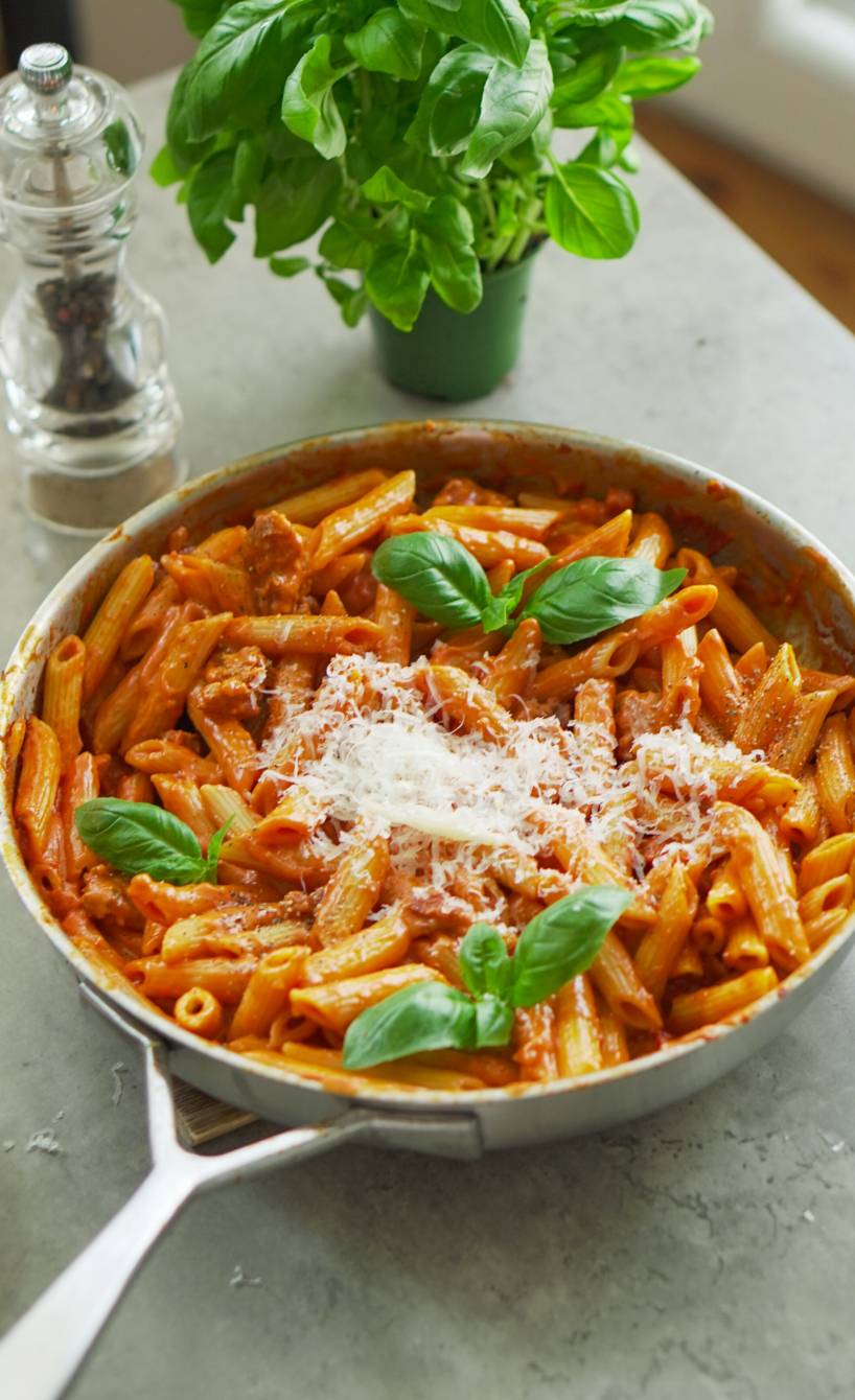 Pasta alla Zozzona mit Rigatoni in einer Pfanne