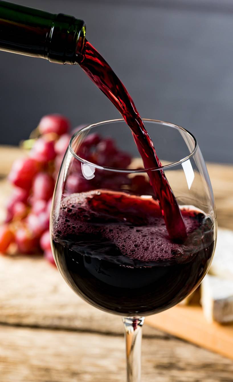 Rotwein wird in ein Glas gegossen, daneben eine Käseplatte mit Trauben Rotwein wird in ein Glas gegossen, daneben eine Käseplatte mit Trauben