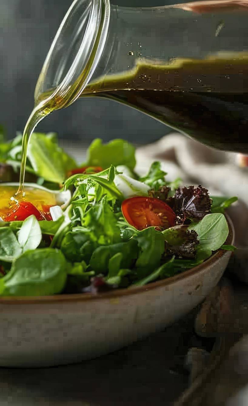 jemand schüttert Balsamico-Vinaigrette aus einer Glasflasche auf einen bunt gemischten Salat