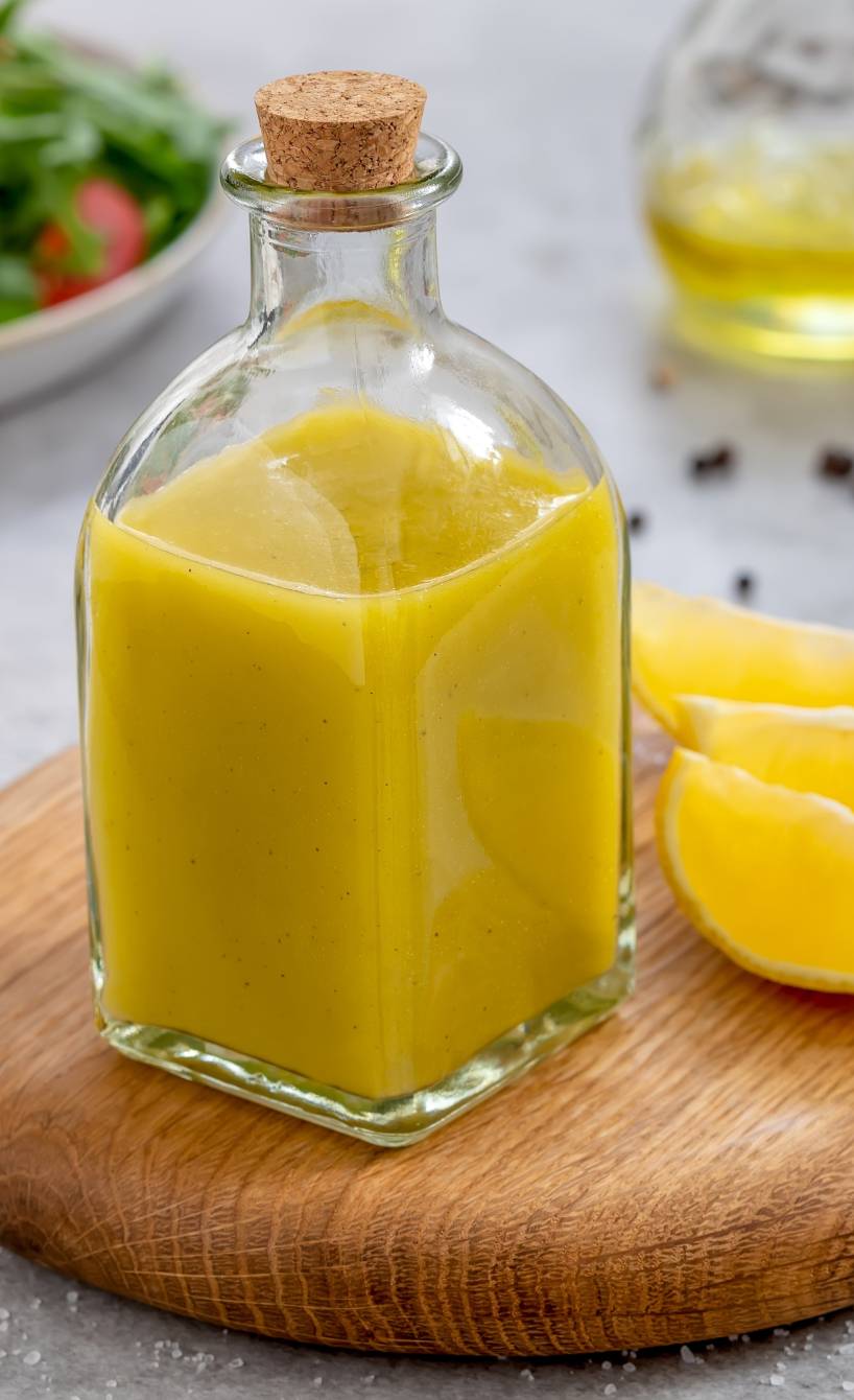 Citronette italienisches Zitronen-Dressing in einer Glasflasche auf einem Tisch, daneben ein Salat