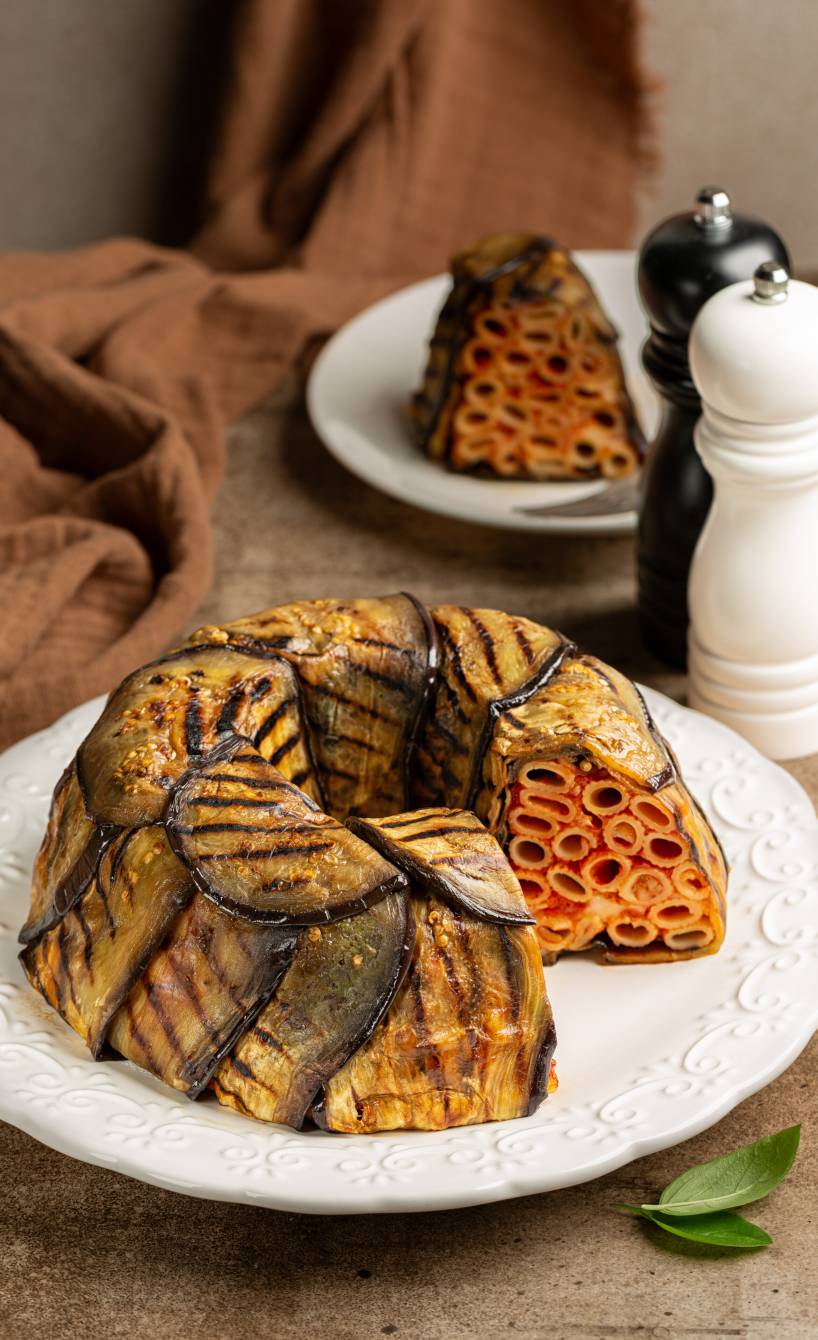 Timballo di Pasta Nudelkuchen mit Auberginendeckel angeschnitten auf einem Teller Timballo di Pasta Nudelkuchen mit Auberginendeckel angeschnitten auf einem Teller