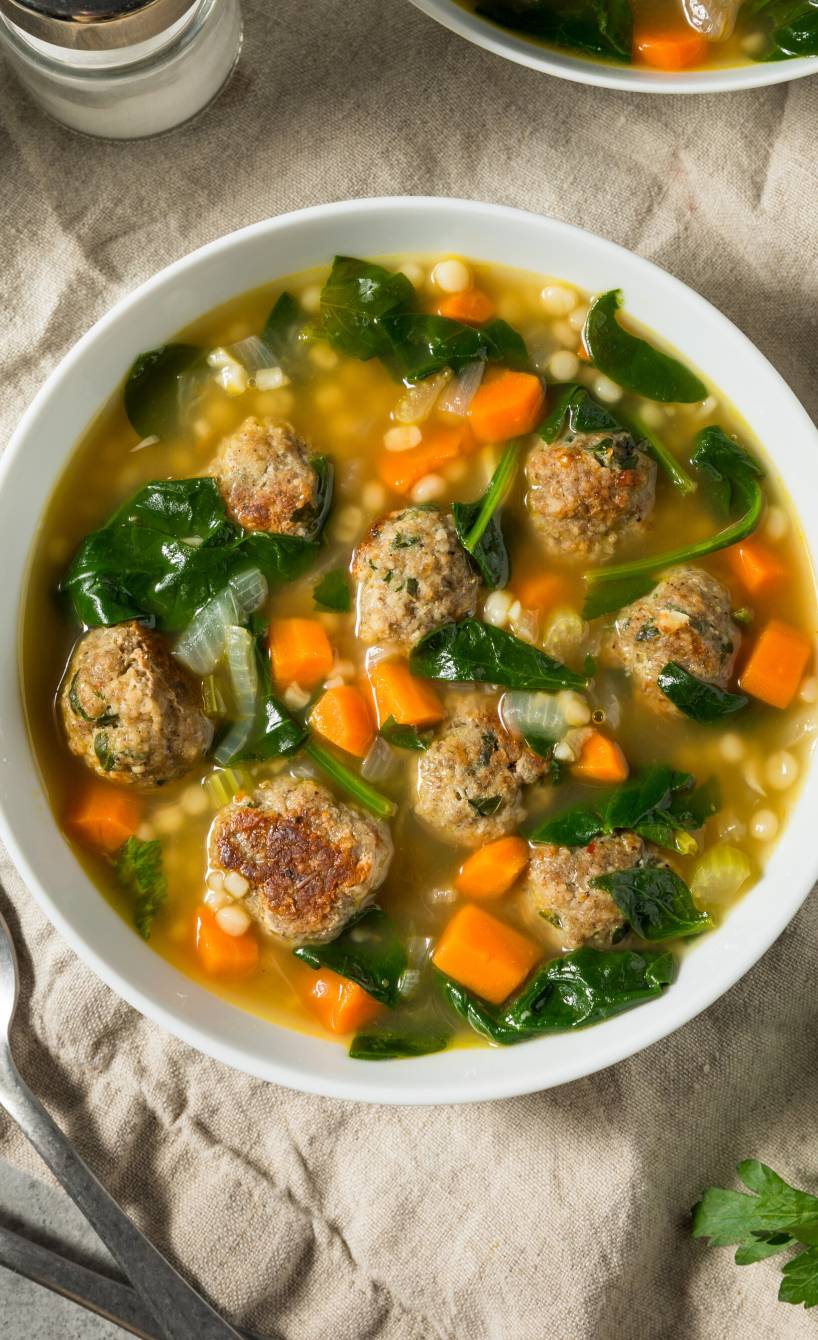 Selbstgekochte italienische Hochzeitssuppe mit Hackbällchen, Suppennudeln und Gemüse in zwei Suppentellern auf eine Tisch
