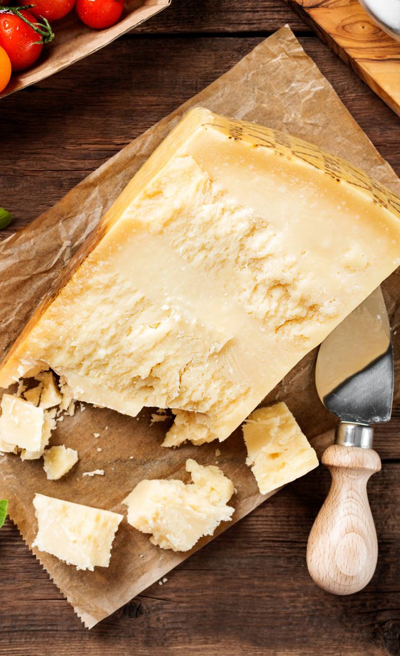 Ein Stück Parmesankäse auf einem Holzbrett, daneben Tomaten und Basilikumblätter