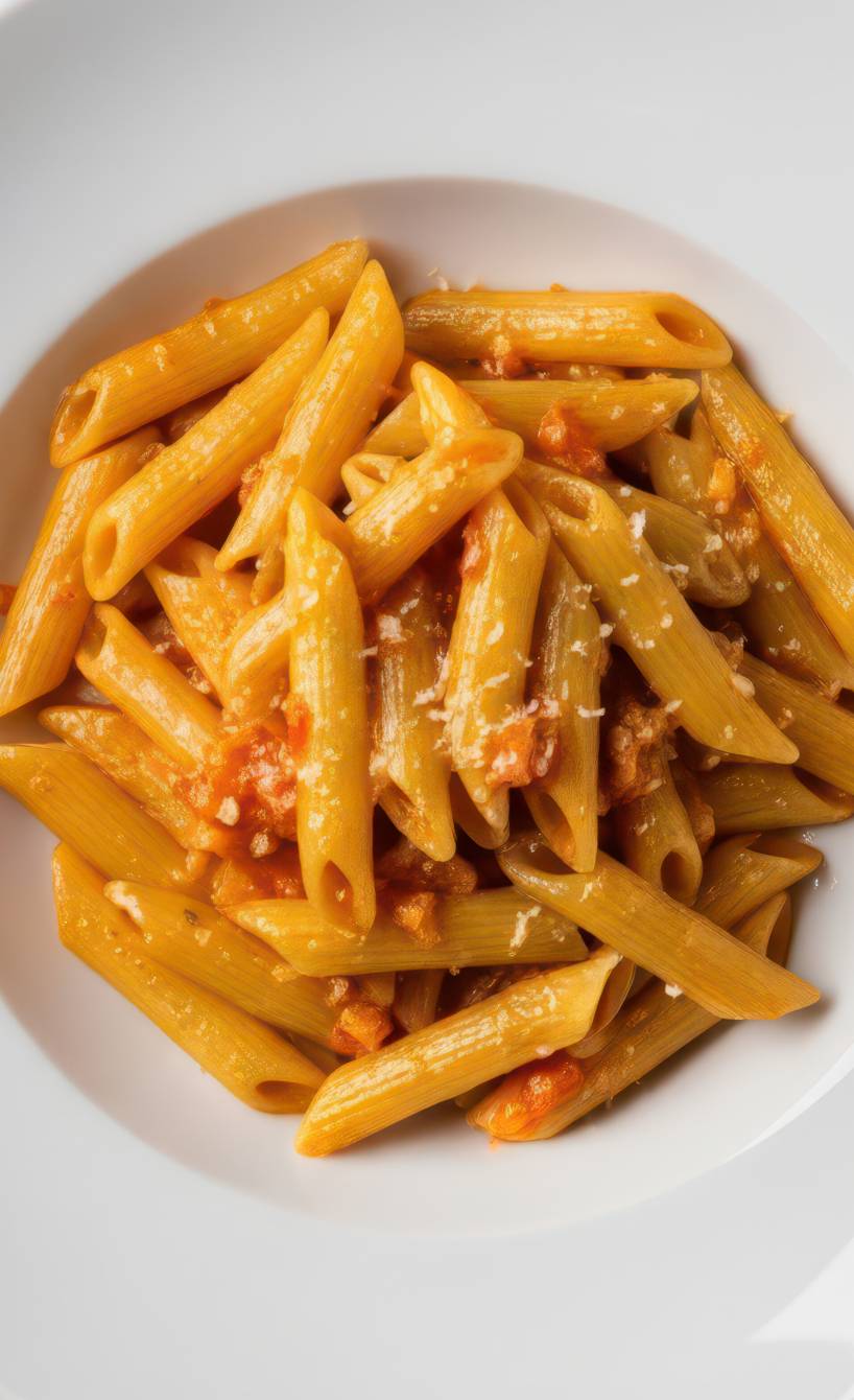 Penne in Tomaten-Sahne-Sauce mit Schinken angerichtet auf einem Pastateller