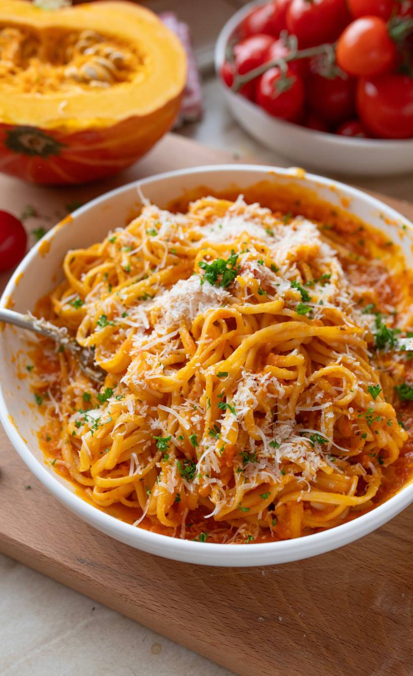 Spaghetti mit Kürbis-Sugo angerichtet auf einem pastateller getoppt von frisch geriebenem Parmigiano Reggiano
