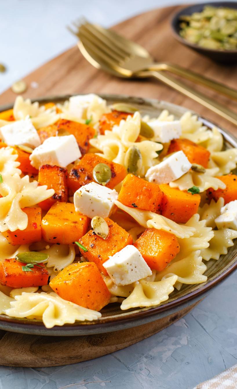 Farfalle mit gebackenen Hokkaidowürfeln und Fetawürfeln angerichtet auf einem Pastateller getoppt von Kürbiskernen