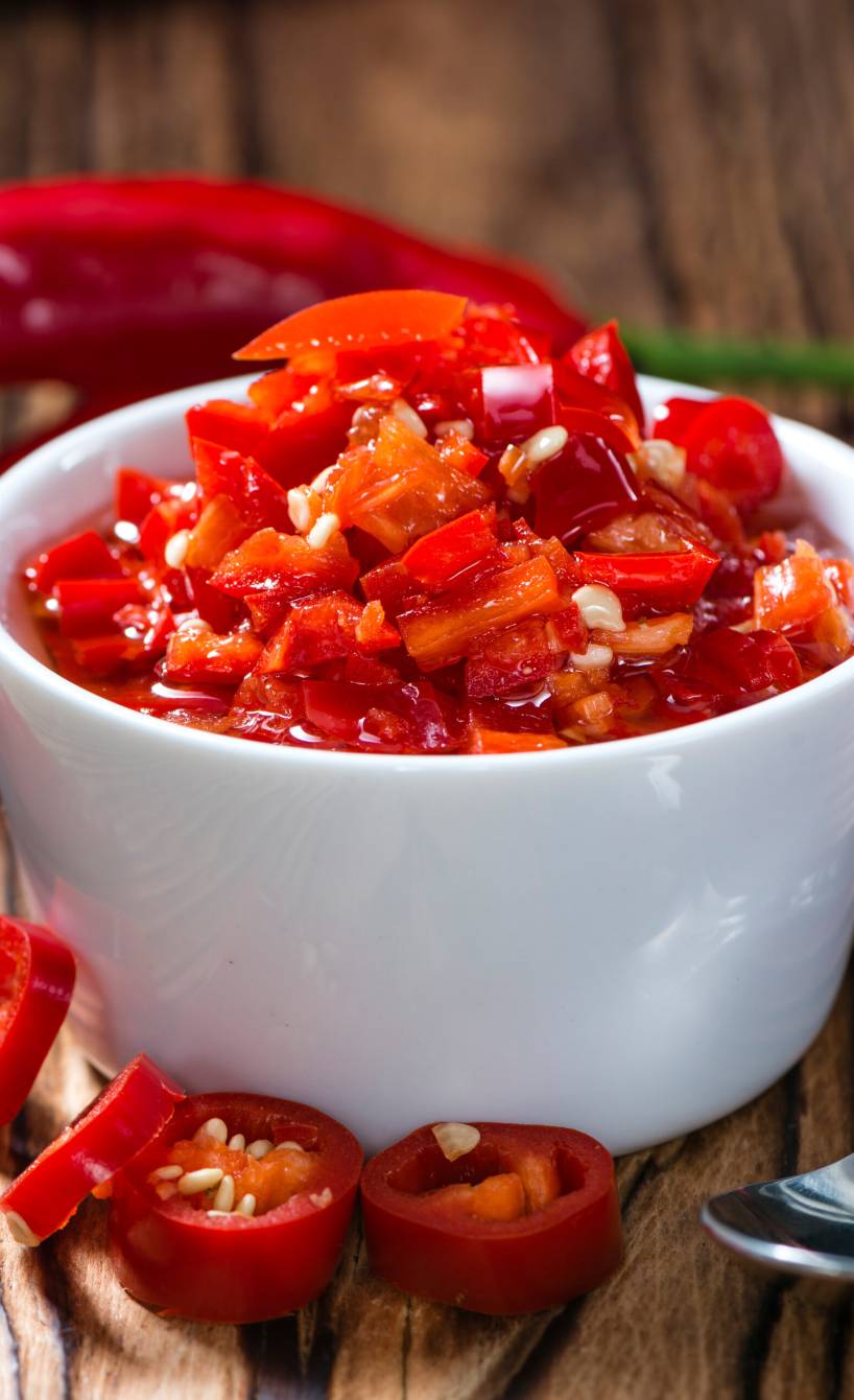 Eingelegte rote Peperoncini in Öl in einer Schale auf einem Holztisch