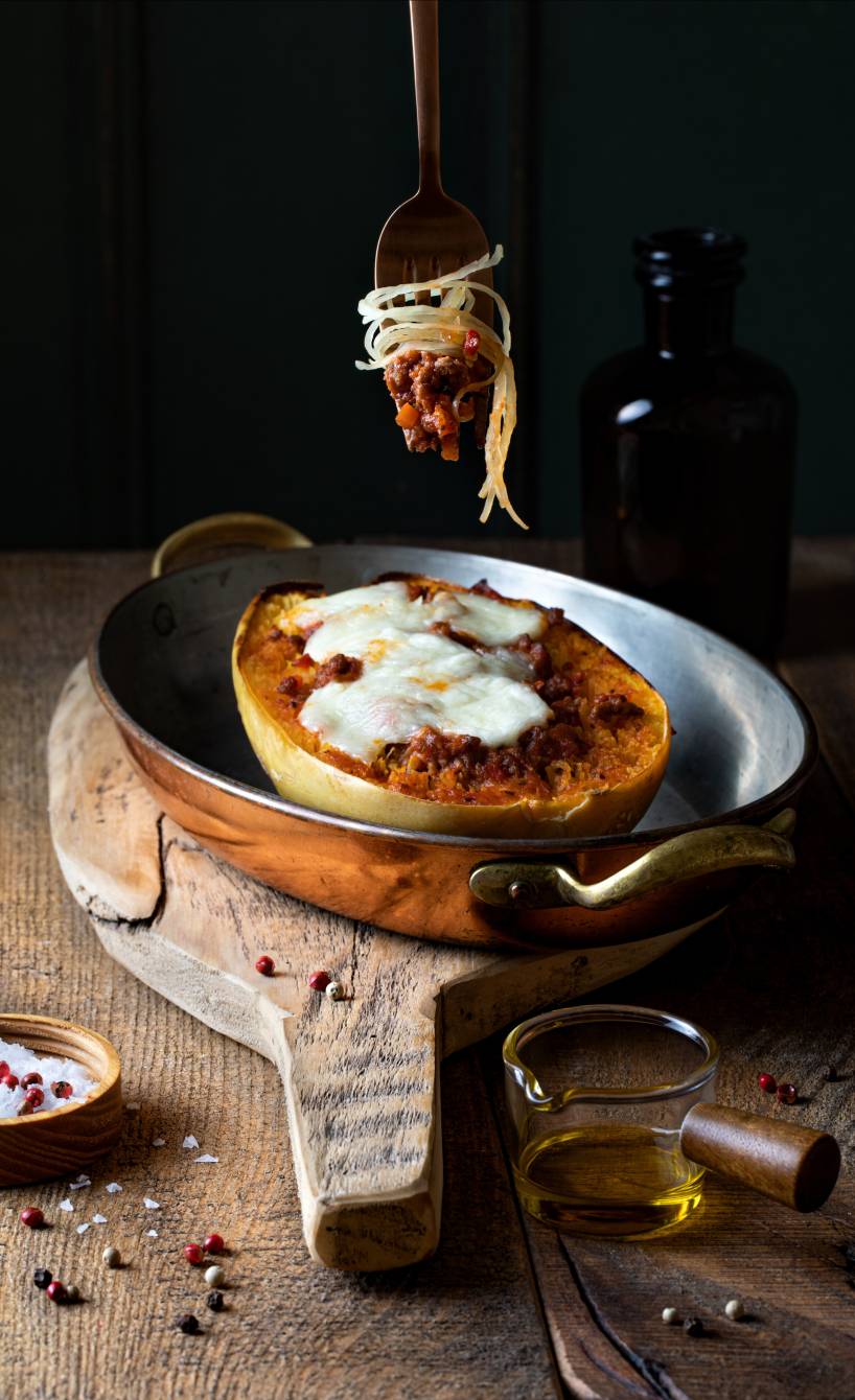 Ein halber Spaghettikürbis gefüllt mit Bolognese und mit Käse überbacken angerichtet auf einem Holzbrett