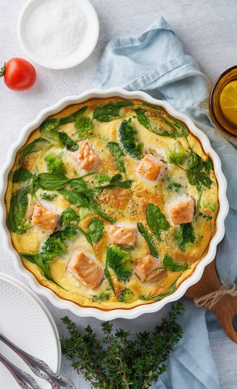 Im Ofen gebackene Spinat-Lachs-Frittata mit Brokkoli und Käse in einer welligen Auflaufform auf einem Holzbrett