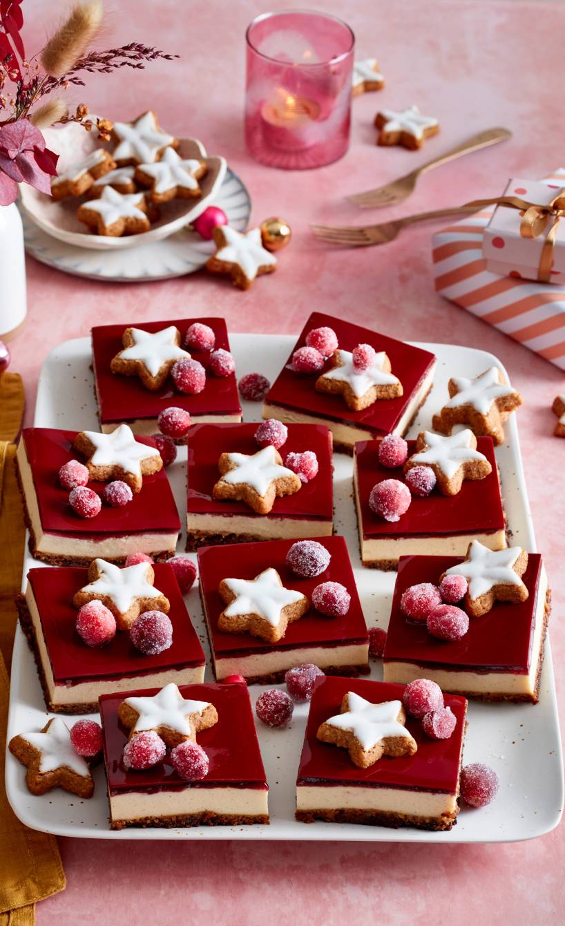 Selbstgebackener Glühwein-Käsekuchen vom Blech mit Zimtsterne-Boden in Quadrate geschnitten auf einer Kuchenplatte
