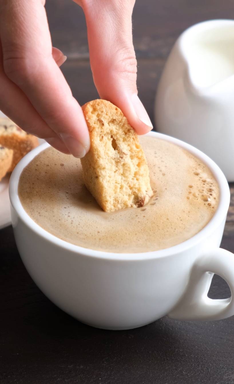 Jemand tunkt ein Cantuccini in eine Tasse Cappucchino
