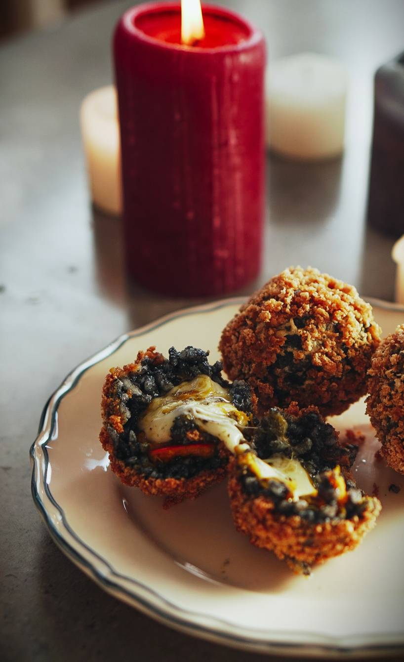 Schwarze Risotto-Arancini mit Kürbis-Mozzarella-Kern