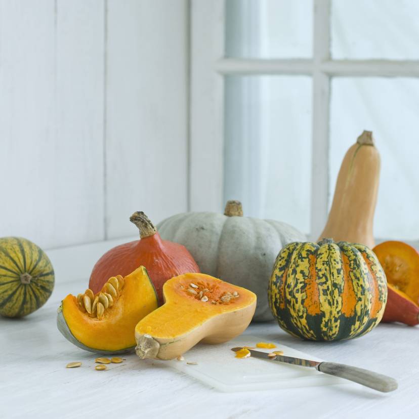 Verschiedene Kürbissorten auf einem Tisch