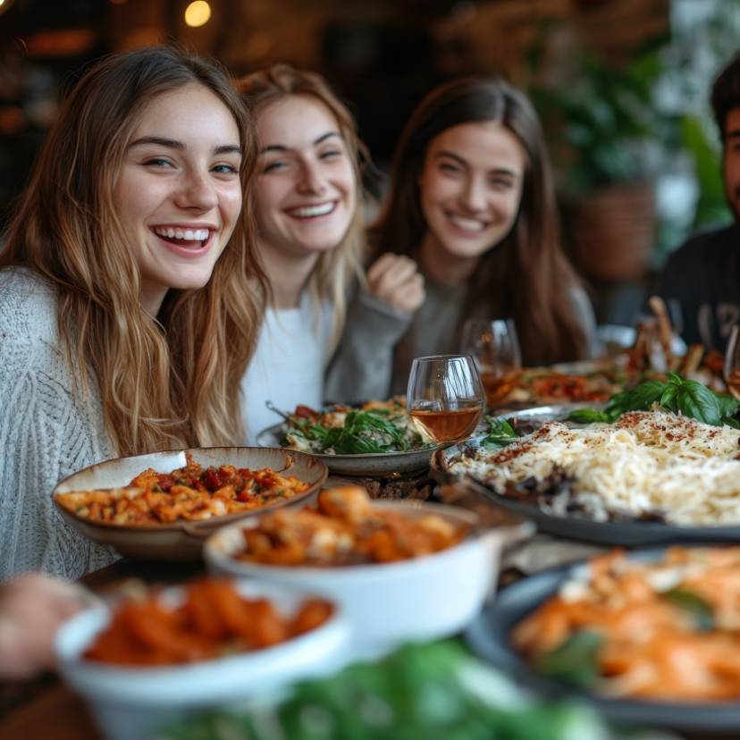 Freunde sitzen an einem mit italienischen Gerichten gedeckten Tisch und lächeln in die Kamera
