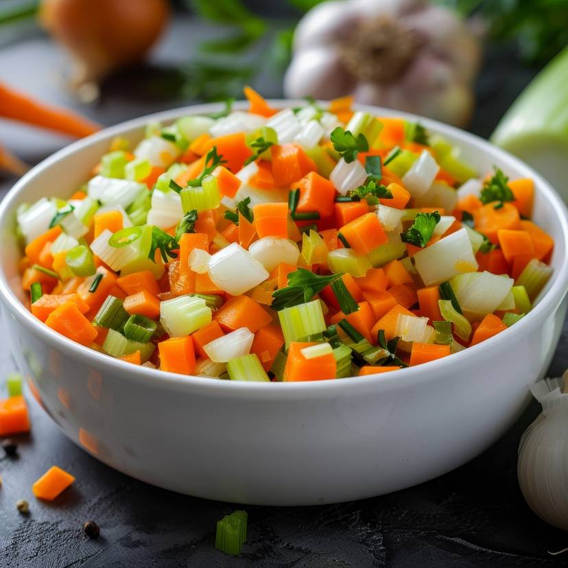 Gemüsezubereitung für italienisches Sofritto in einer Schale, daneben Karotten und andere Gemüse